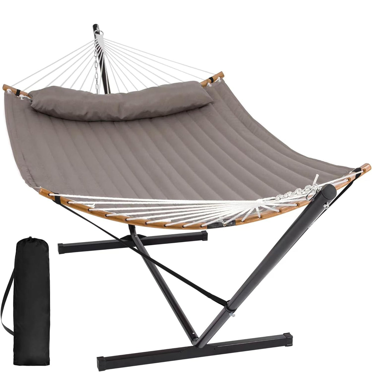 Double Quilted Outdoor Hammock with Stand and Pillow