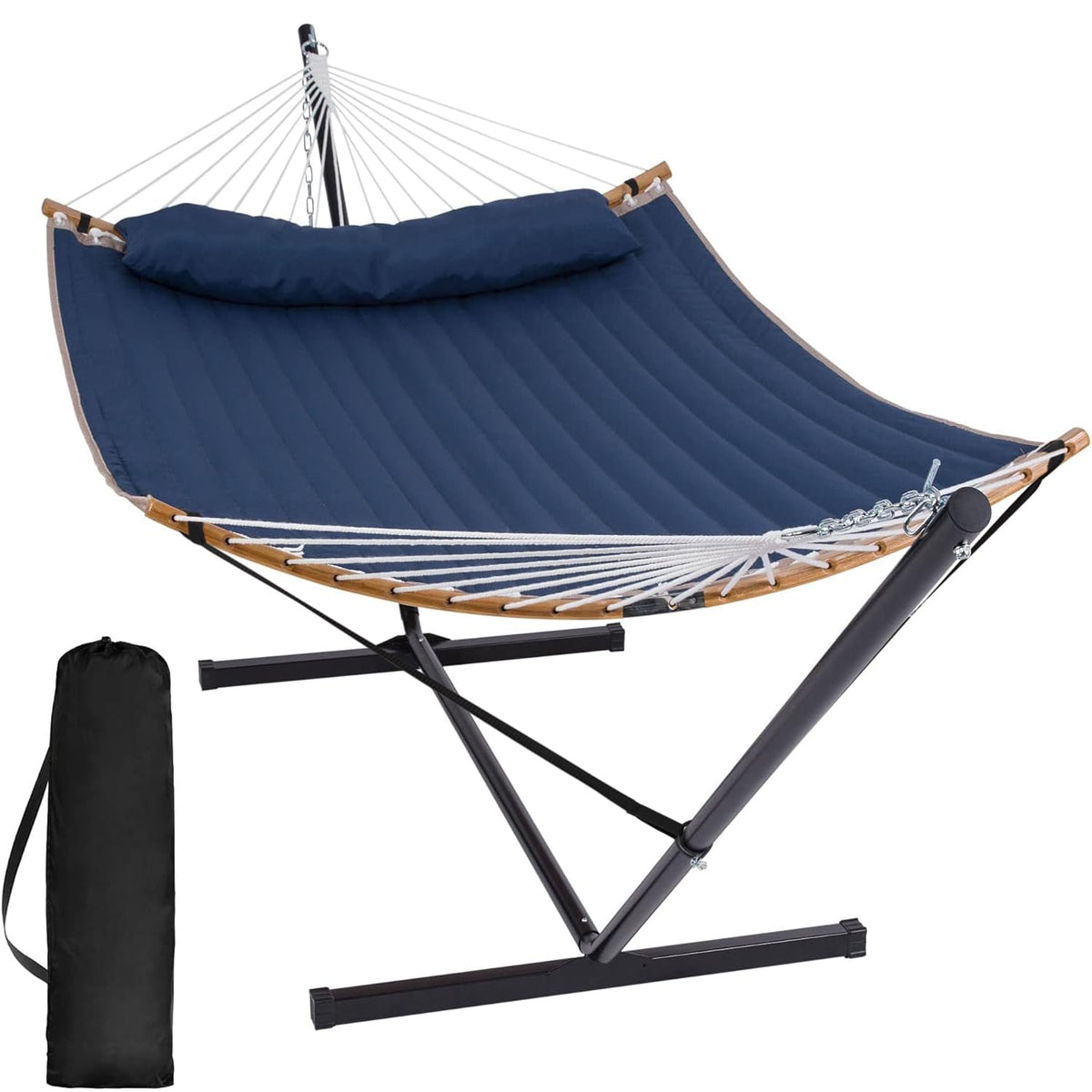 Double Quilted Outdoor Hammock with Stand and Pillow