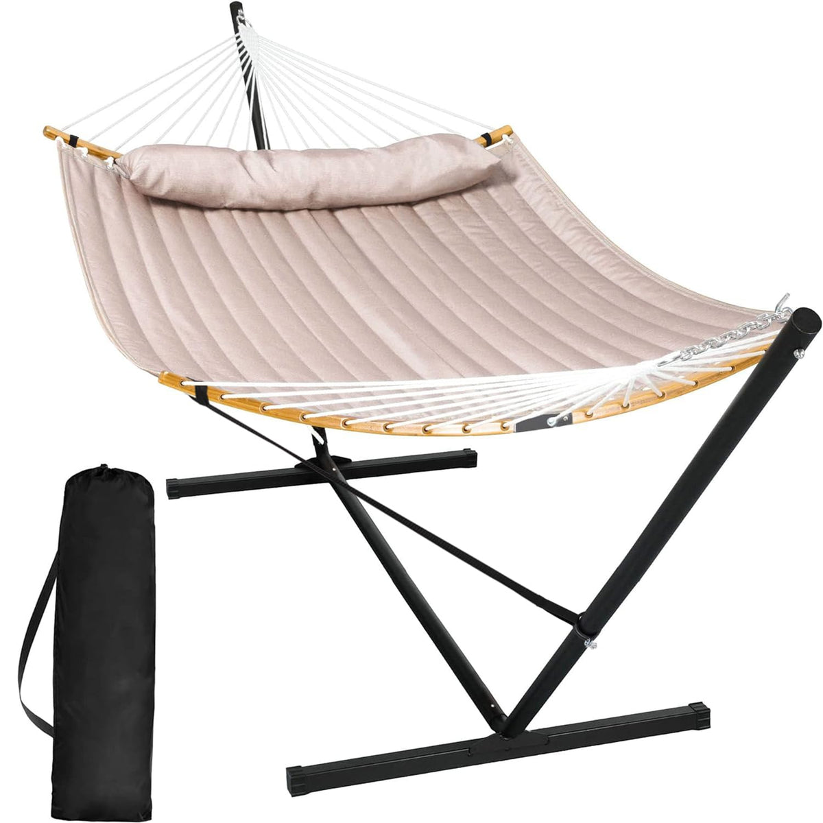 Double Quilted Outdoor Hammock with Stand and Pillow