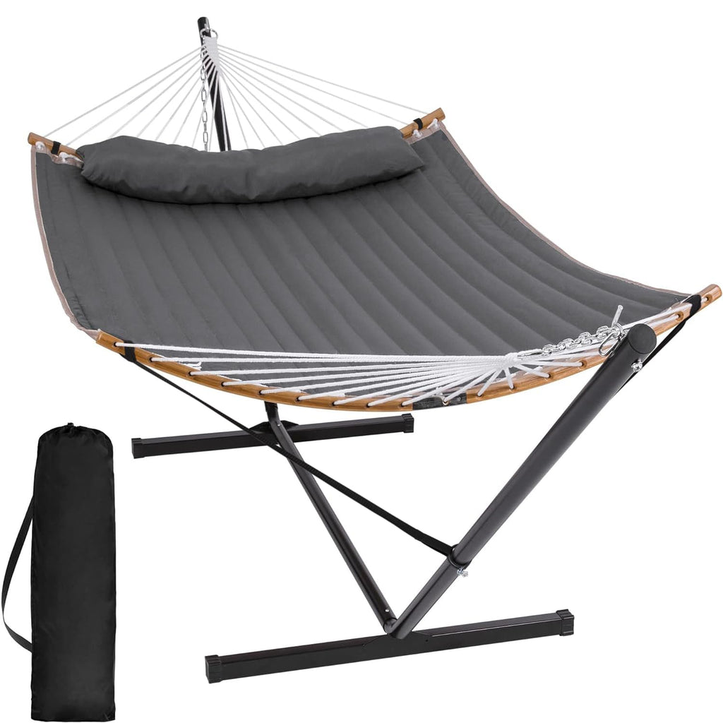 Double Quilted Outdoor Hammock with Stand and Pillow