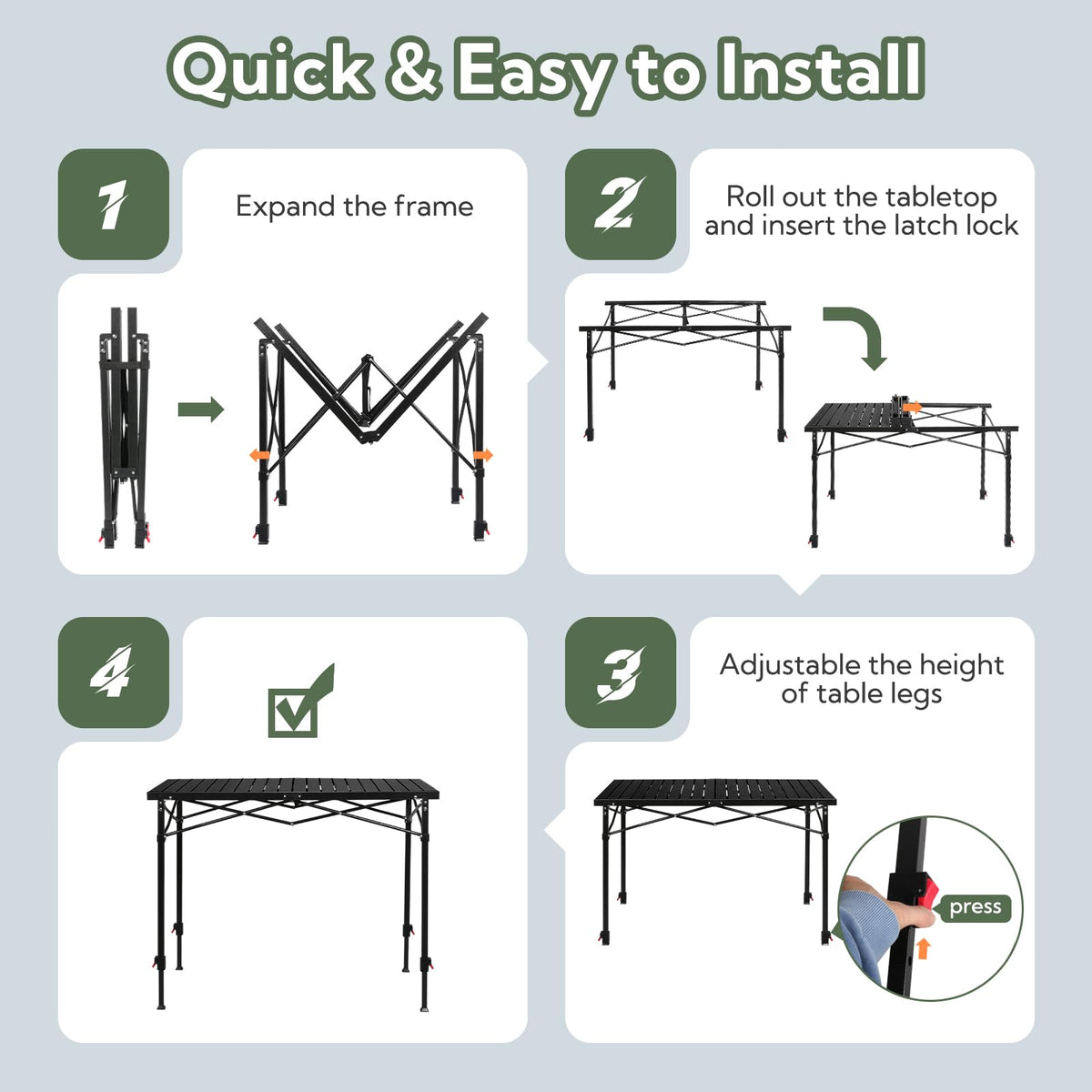 Adjustable Folding Camping Table for 2 to 6 People 220 lb Capacity