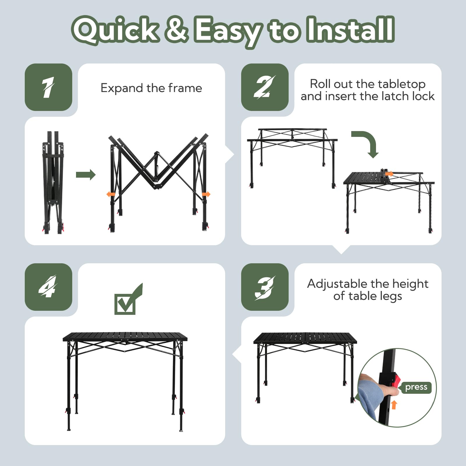 Adjustable Folding Camping Table for 2 to 6 People 220 lb Capacity