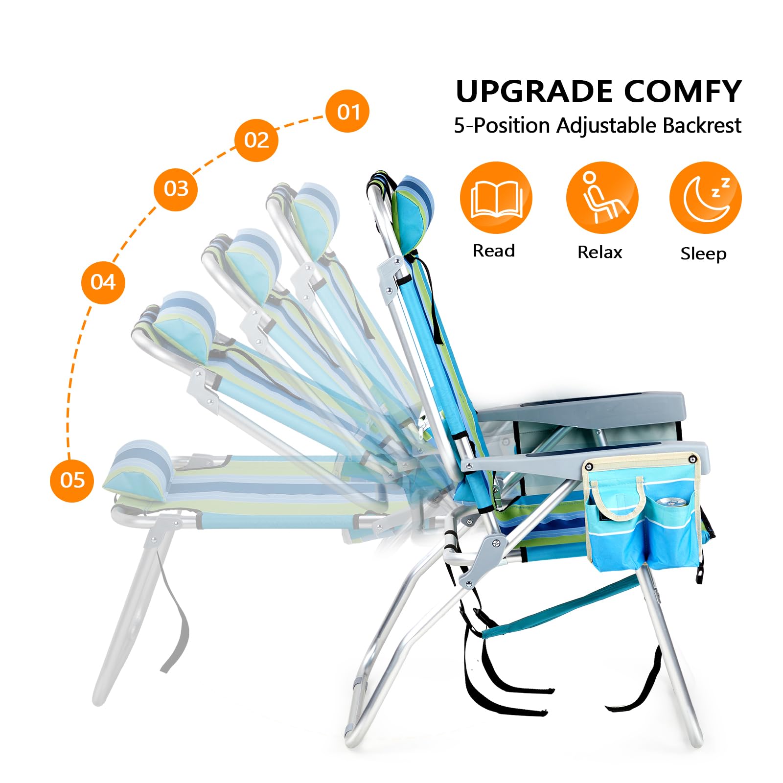 Tall Folding Beach Chairs 2 Pack with Cooler and Cup Holders