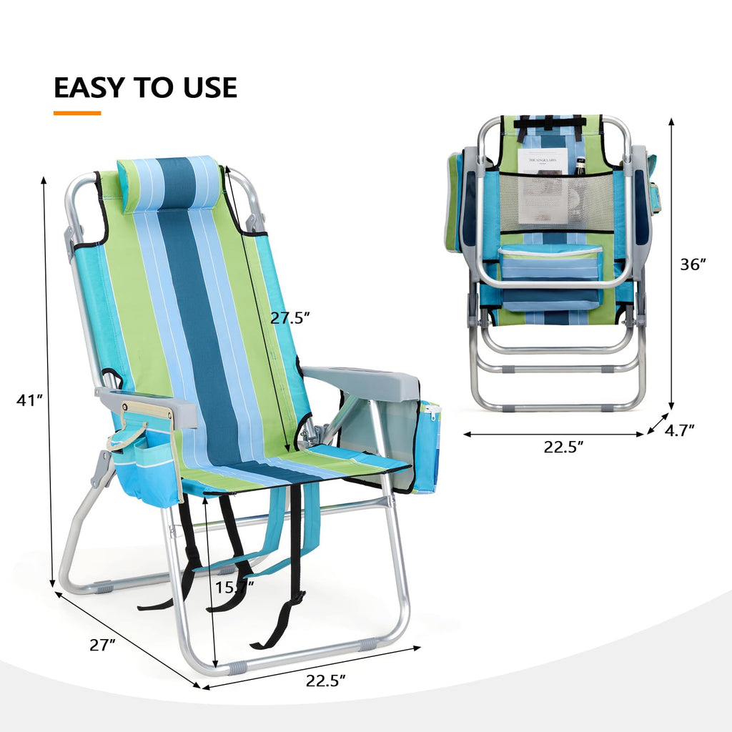 Tall Folding Beach Chairs 2 Pack with Cooler and Cup Holders