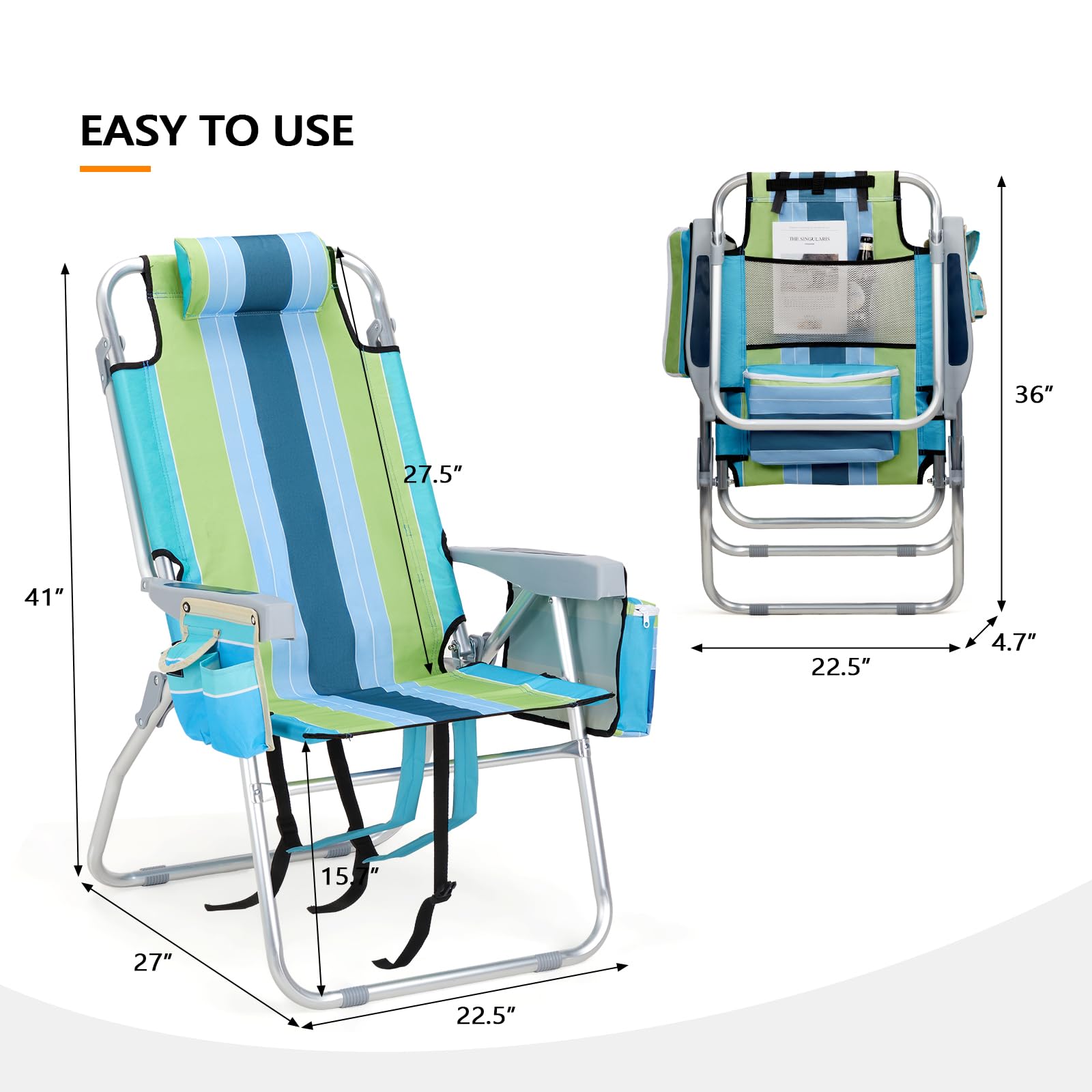 Tall Folding Beach Chairs 2 Pack with Cooler and Cup Holders