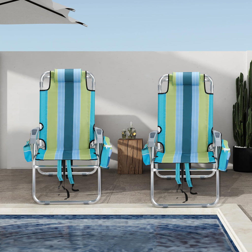 Tall Folding Beach Chairs 2 Pack with Cooler and Cup Holders