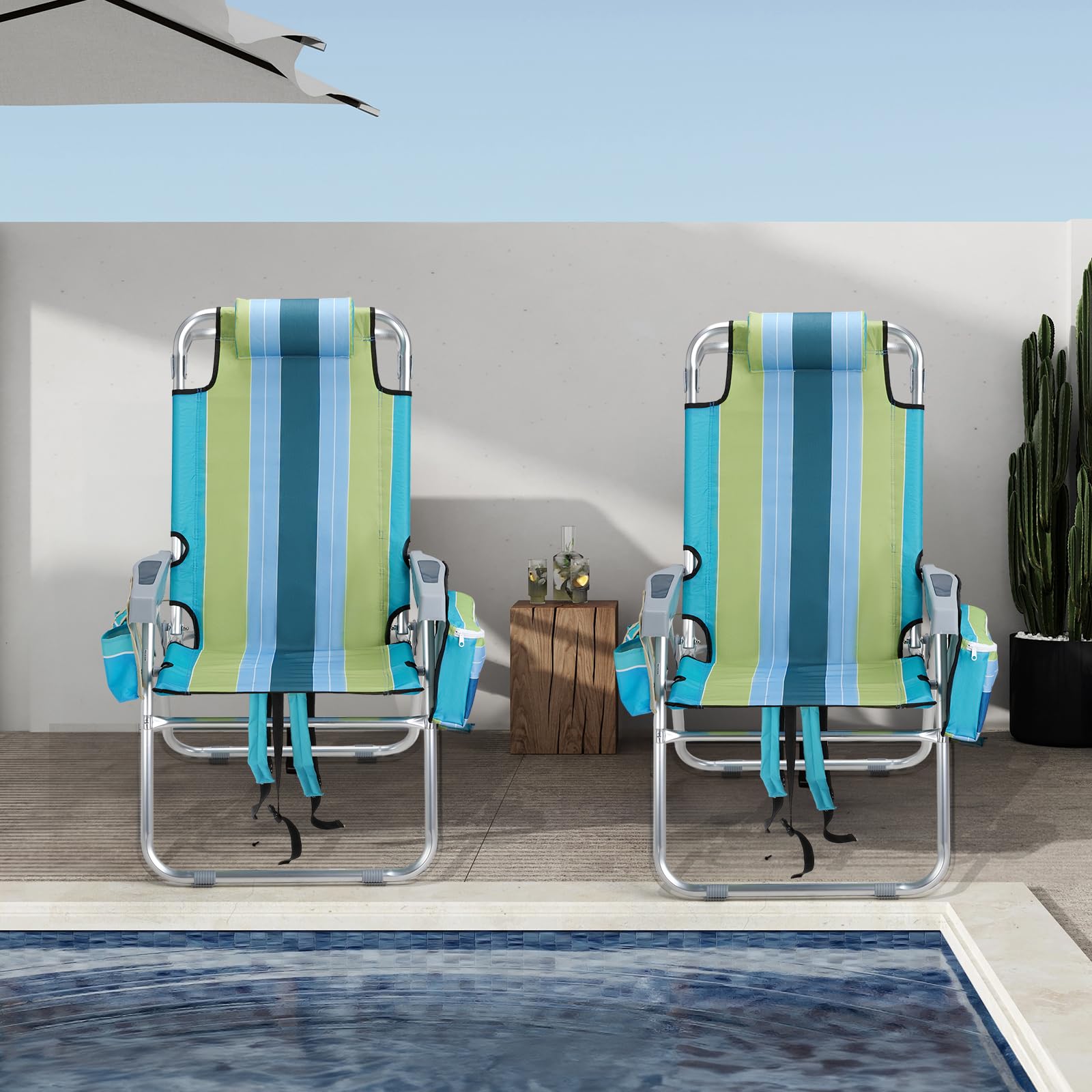 Tall Folding Beach Chairs 2 Pack with Cooler and Cup Holders