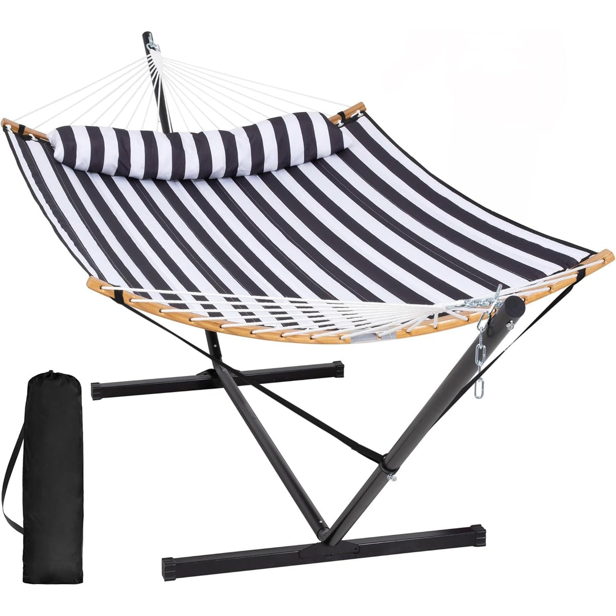 Double Quilted Outdoor Hammock with Stand and Pillow