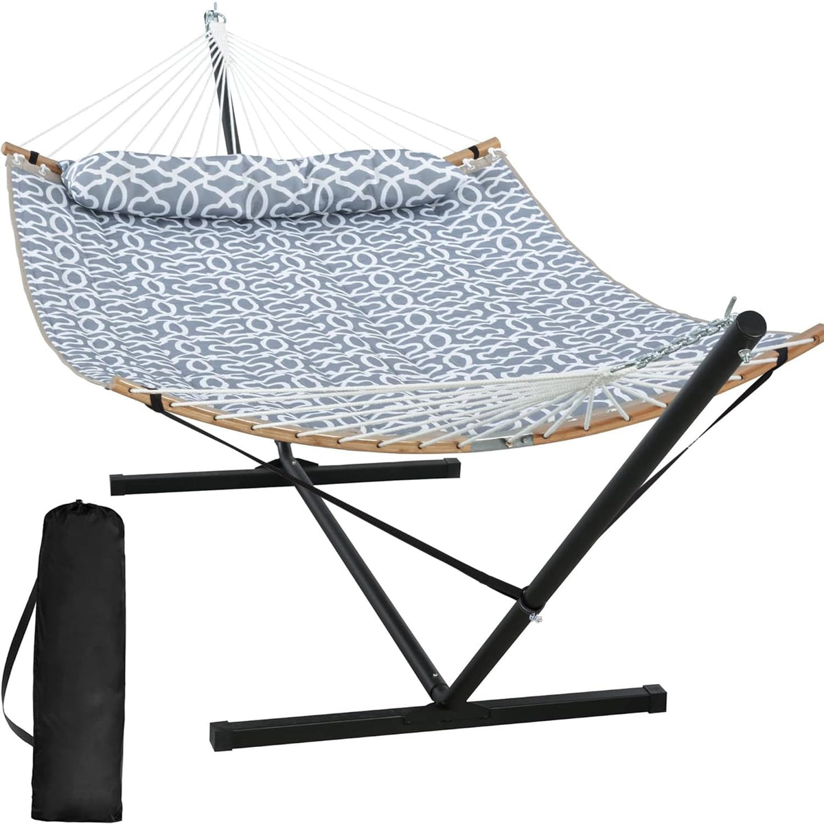 Double Quilted Outdoor Hammock with Stand and Pillow