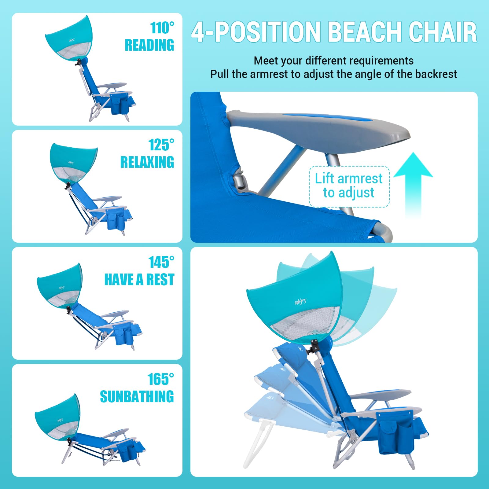 Adjustable 4 Position Reclining Beach Chair for Adults