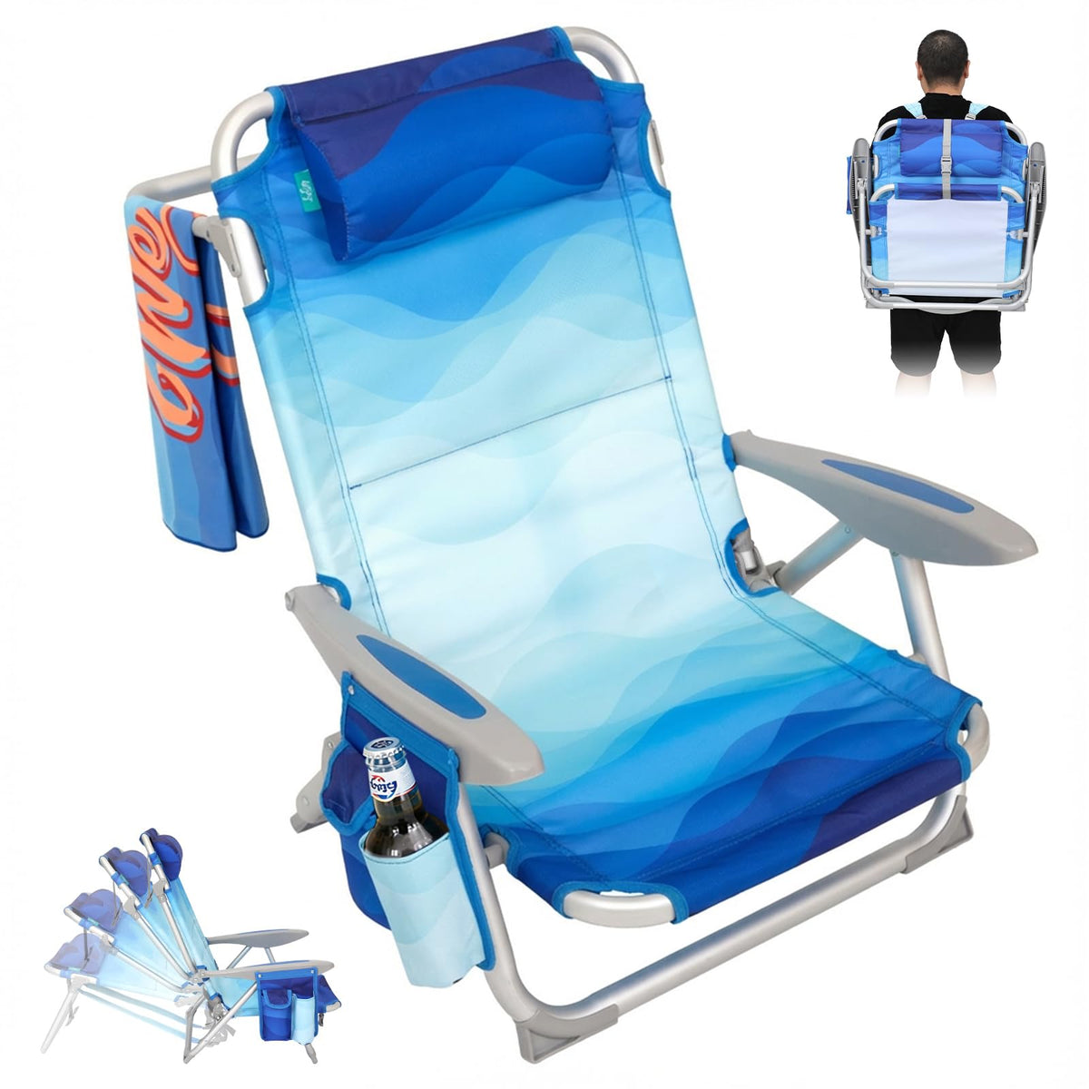 Adjustable 4 Position Reclining Beach Chair for Adults