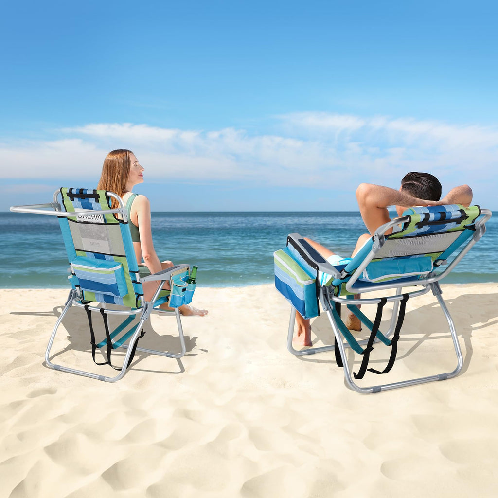 Tall Folding Beach Chairs 2 Pack with Cooler and Cup Holders
