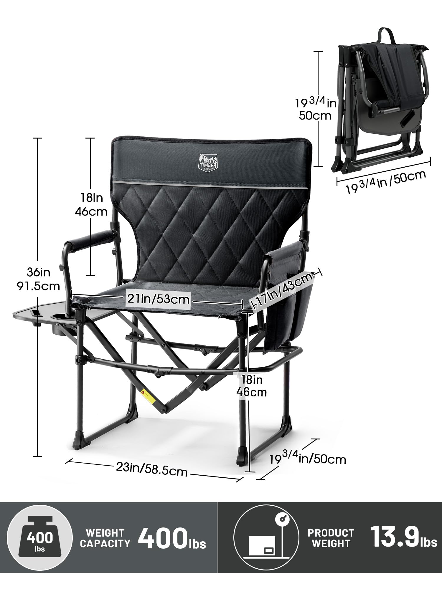Heavy Duty Portable Camping Chair with Side Table and Pocket