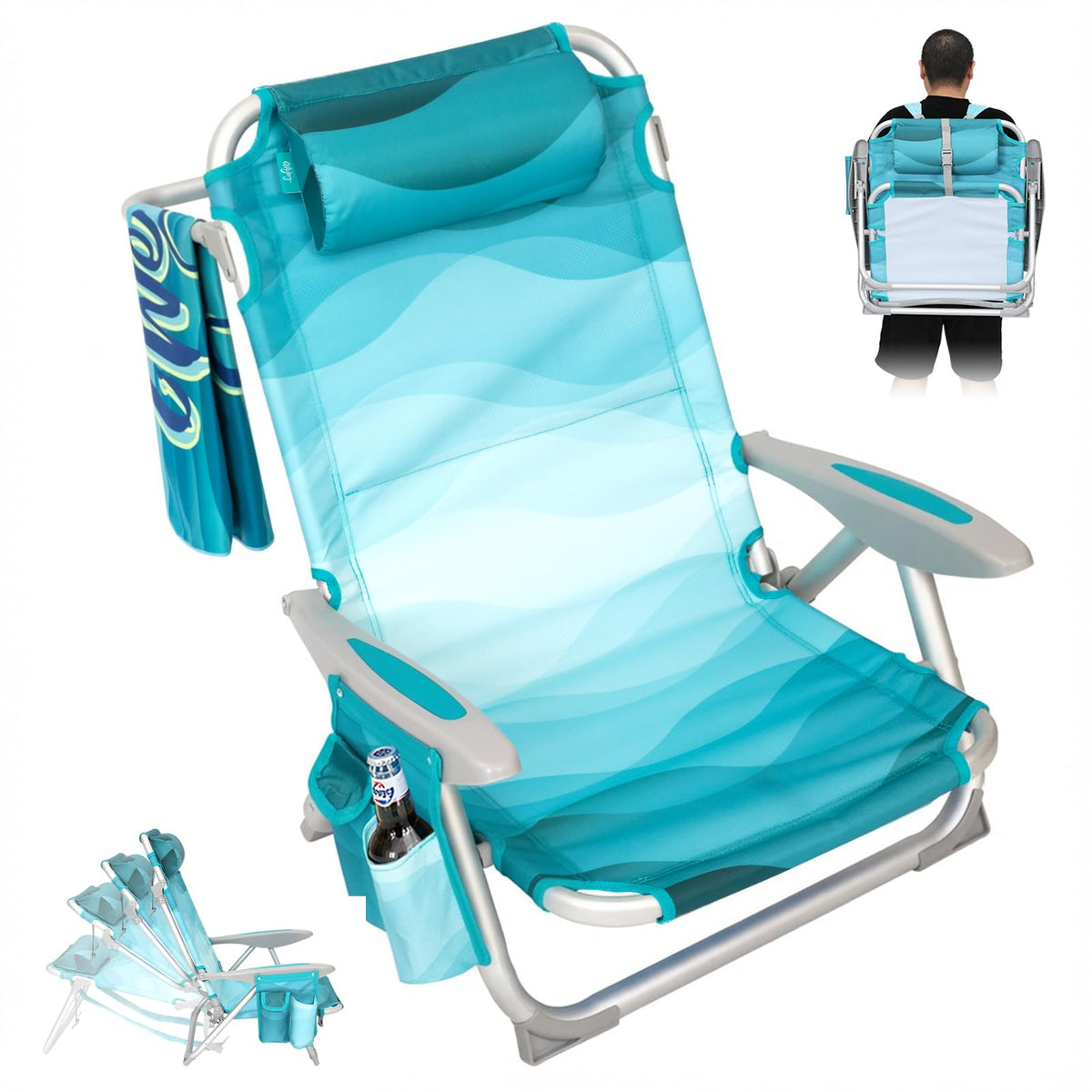 Adjustable 4 Position Reclining Beach Chair for Adults