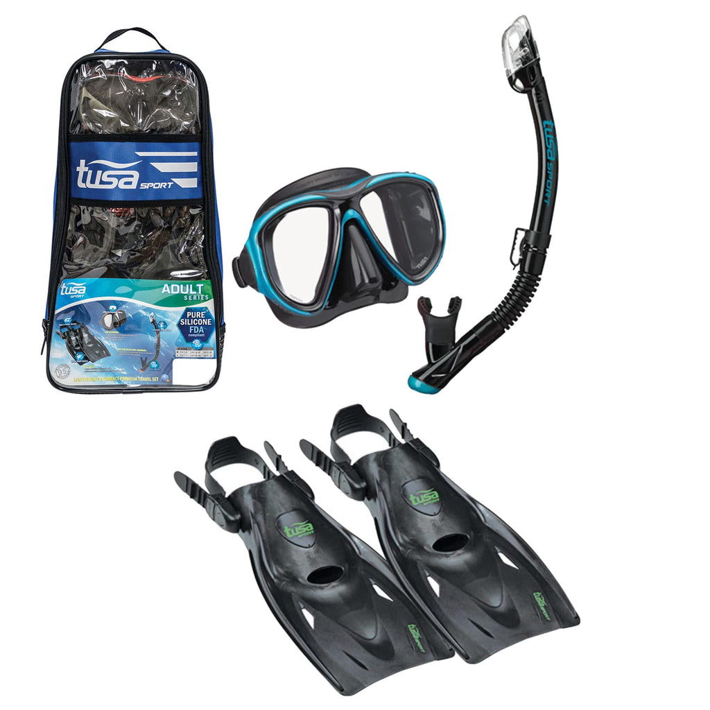Adult Powerview Mask Dry Snorkel and Fins Travel Set
