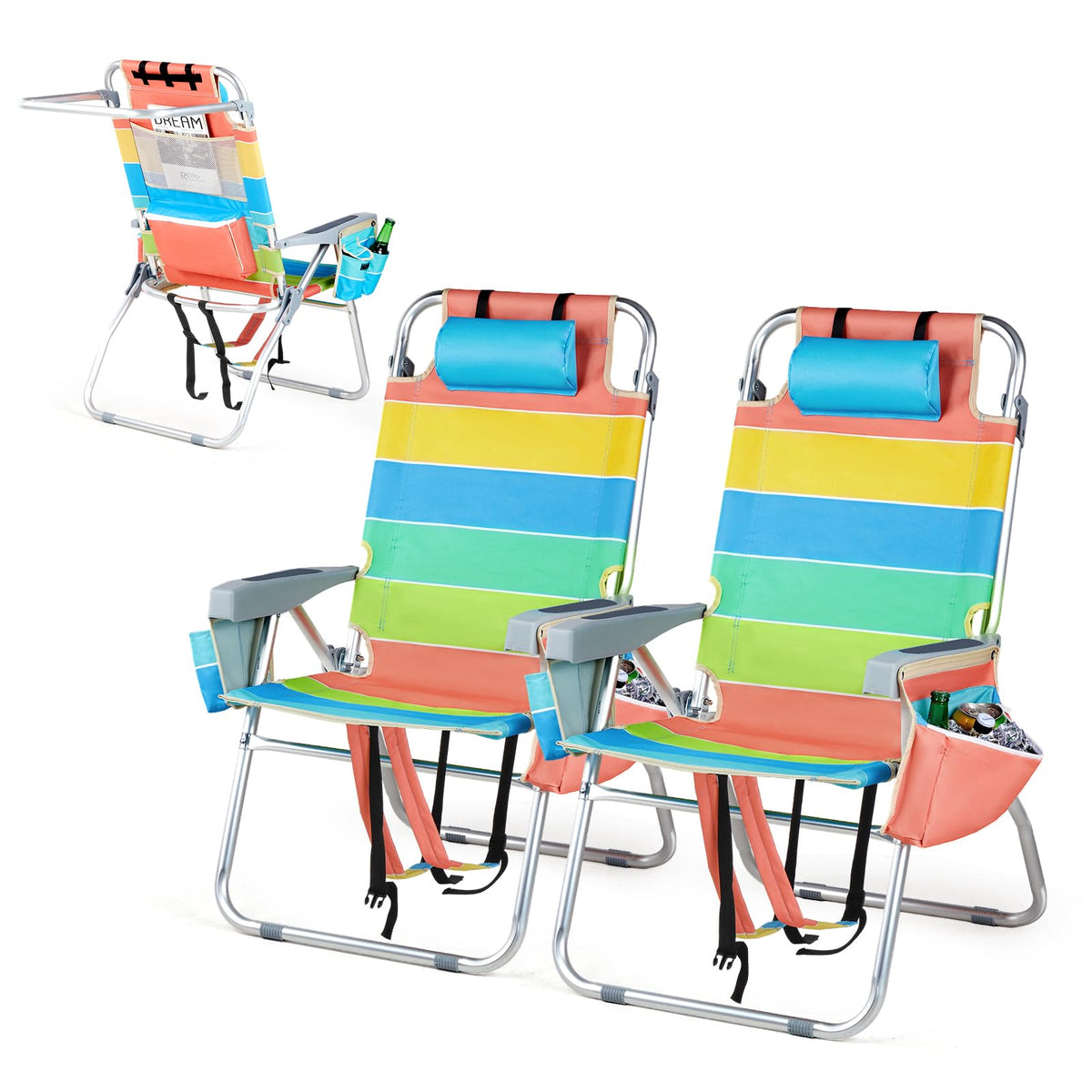 Tall Folding Beach Chairs 2 Pack with Cooler and Cup Holders