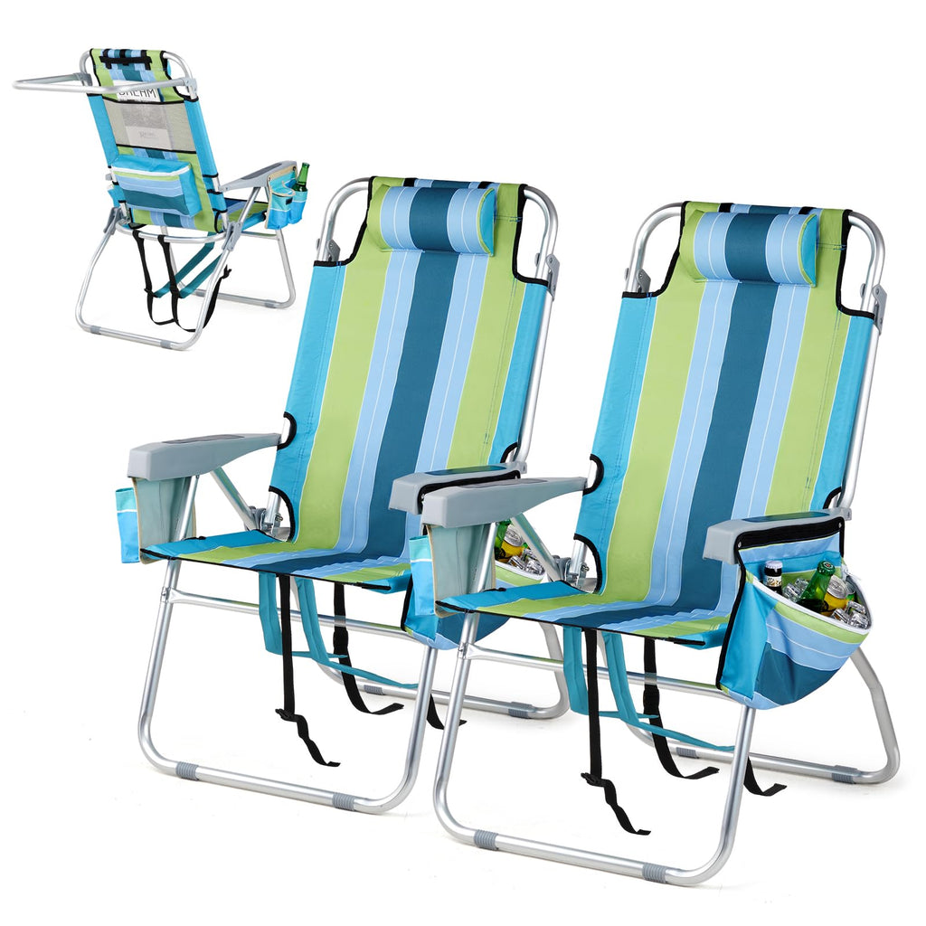 Tall Folding Beach Chairs 2 Pack with Cooler and Cup Holders