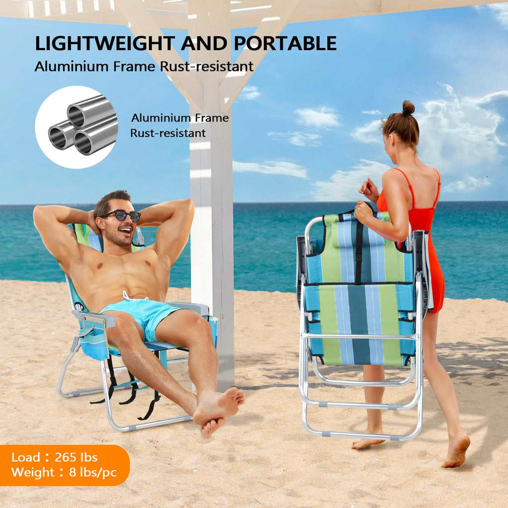 Tall Folding Beach Chairs 2 Pack with Cooler and Cup Holders