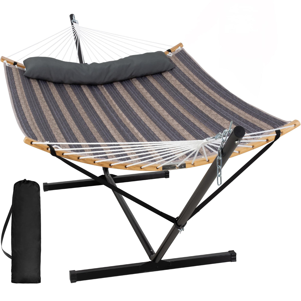Double Quilted Outdoor Hammock with Stand and Pillow