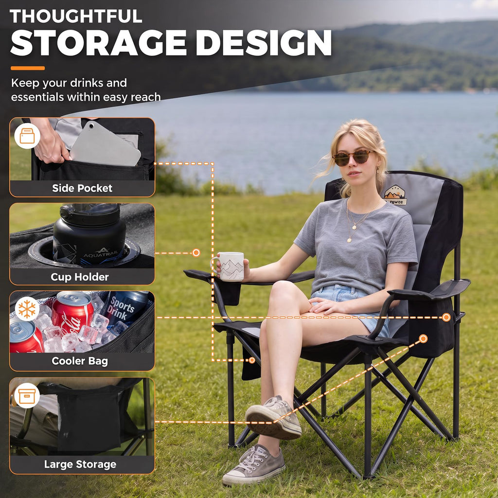Oversized Heavy Duty Folding Camping Chair with Cooler Bag