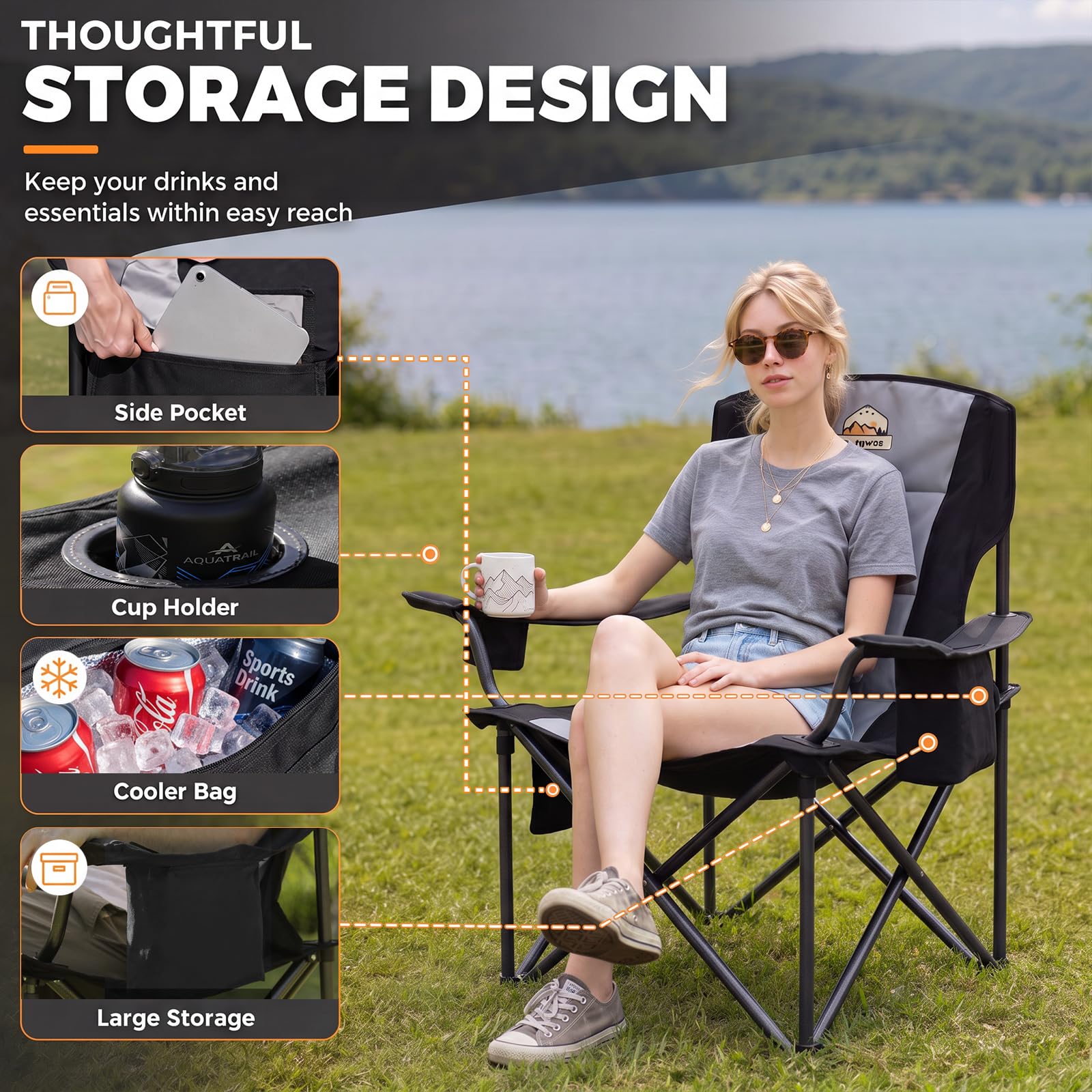 Oversized Heavy Duty Folding Camping Chair with Cooler Bag