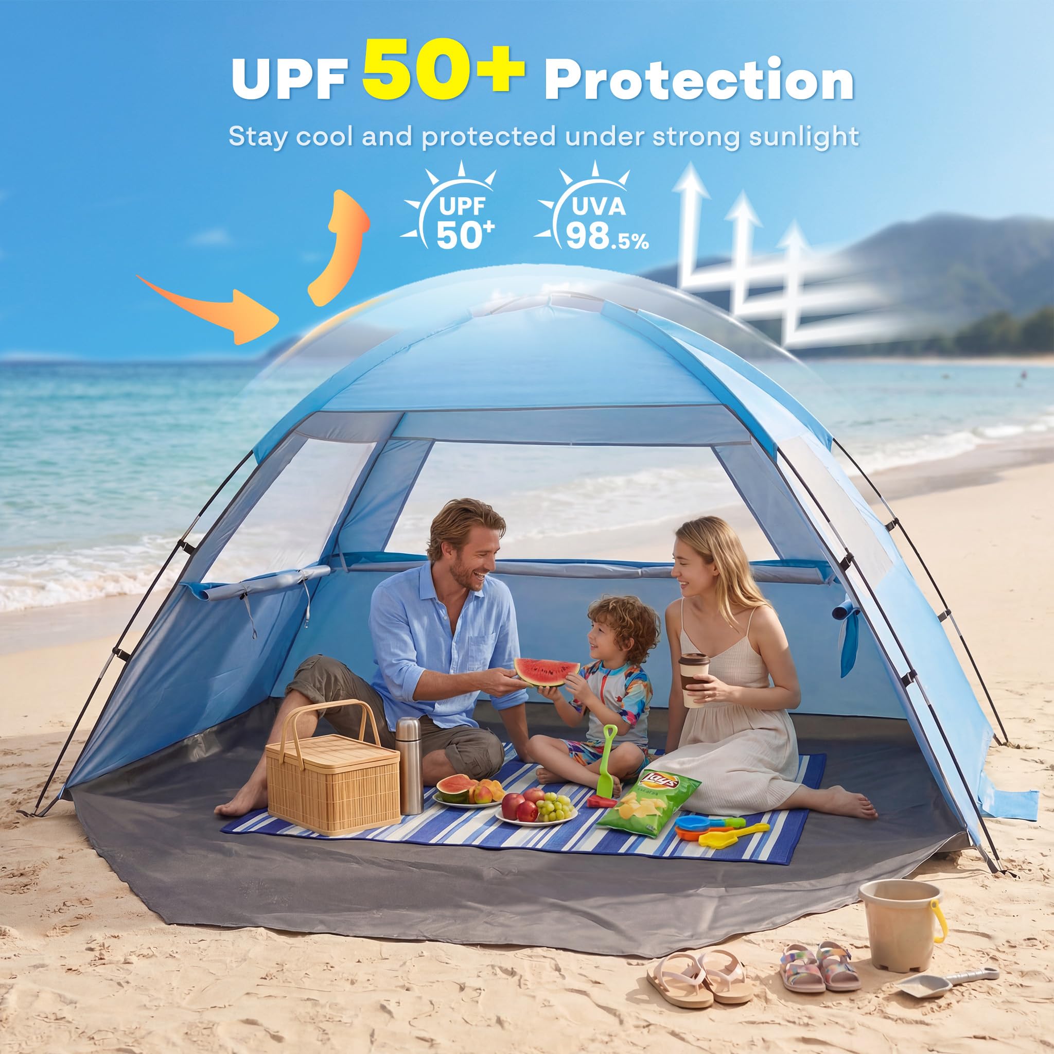 UPF 50 Beach Tent Sun Shelter with Portable Canopy