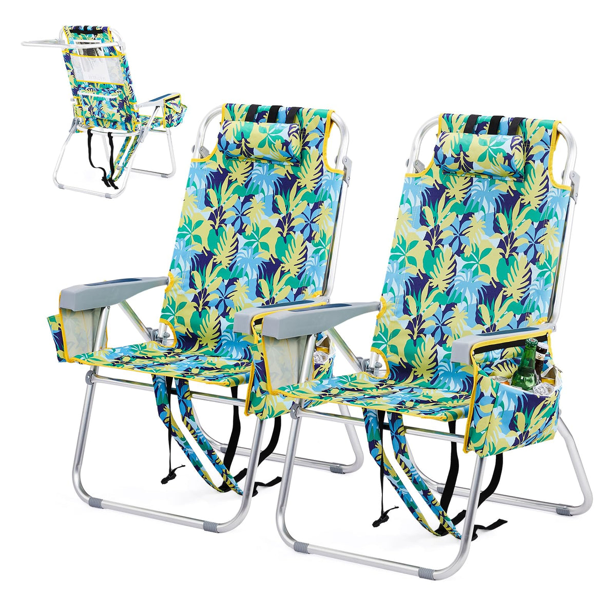 Tall Folding Beach Chairs 2 Pack with Cooler and Cup Holders