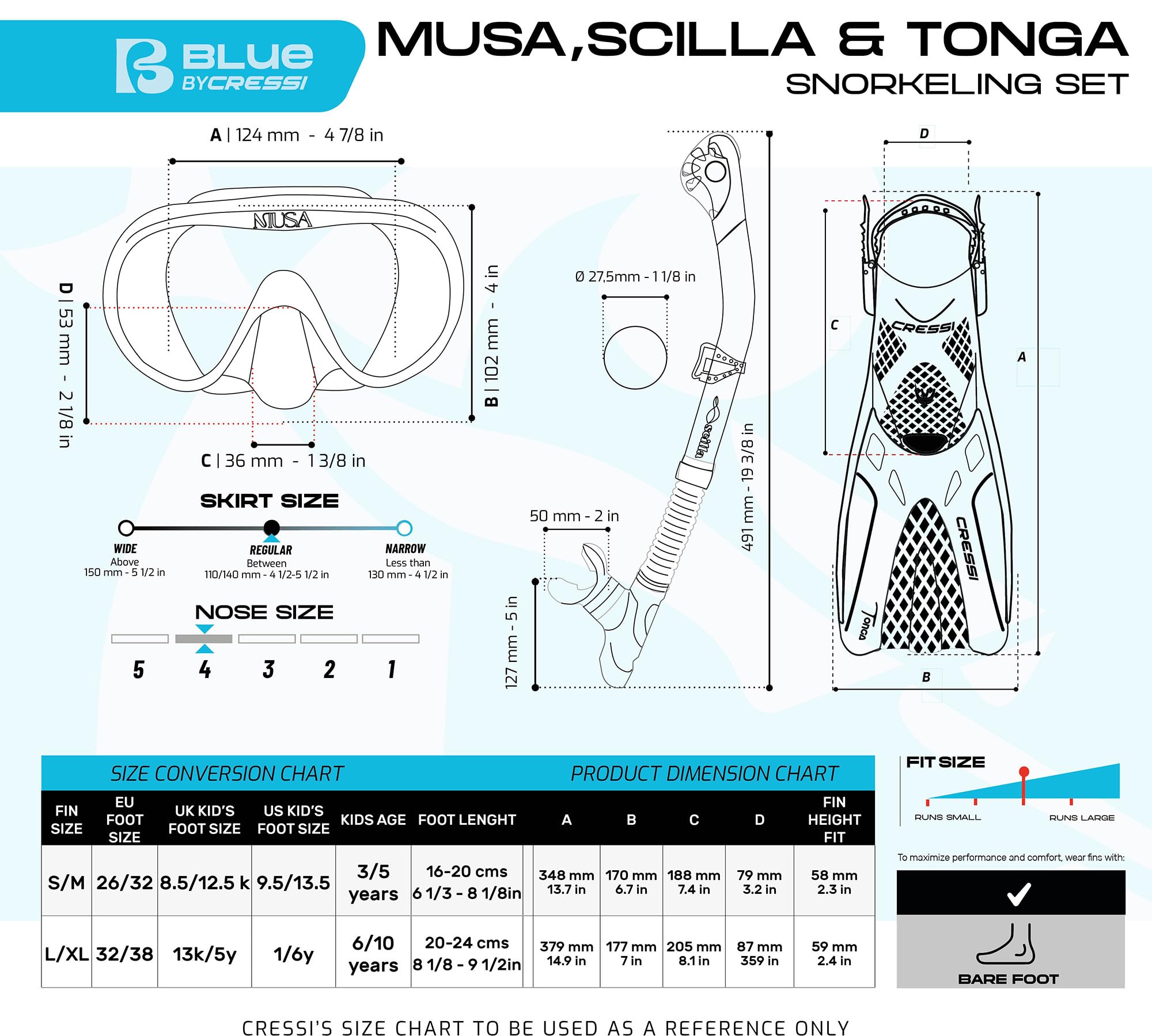Lightweight Snorkel Set with Mask Snorkel and Tonga Fins